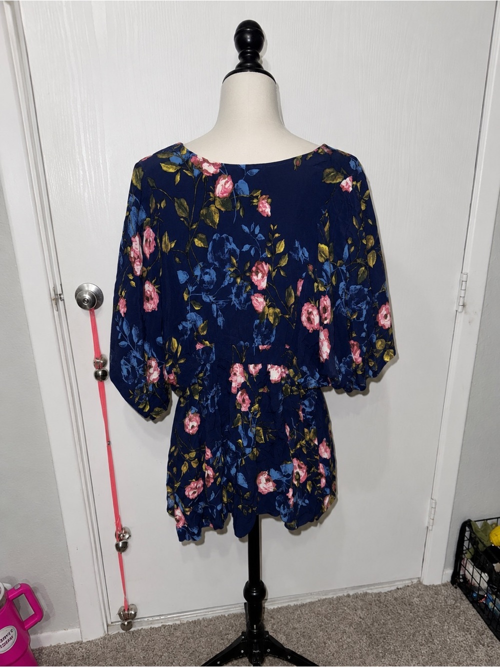 Motherhood Maternity XL Floral Boho Peplum Blouse Navy Pink Tie Front 3/4 Sleeve - Picture 2 of 6